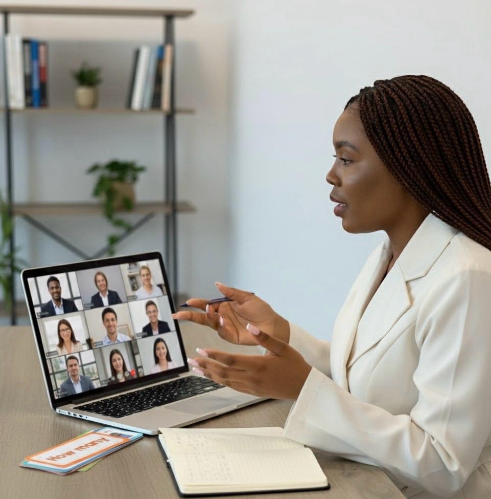 Teacher conducting an advanced English lesson for a group of adult students online.